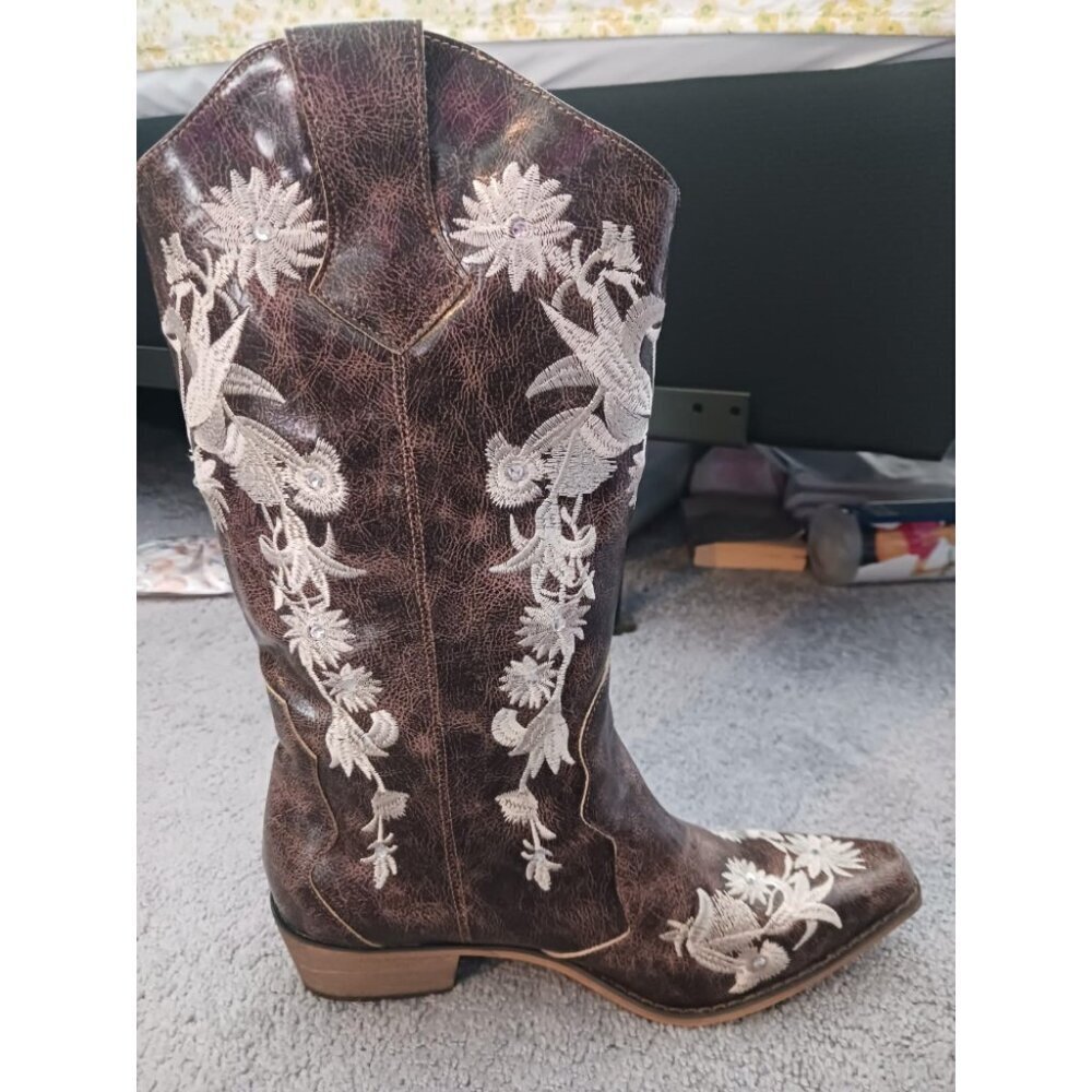 🆕SheSole Women's Brown Western Cowboy Boots Square Toe Mid Calf Cowgirl Boots